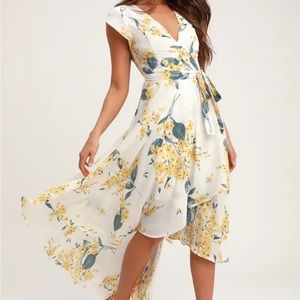 Lulus French Countryside White and Yellow Floral Print High-Low Dress